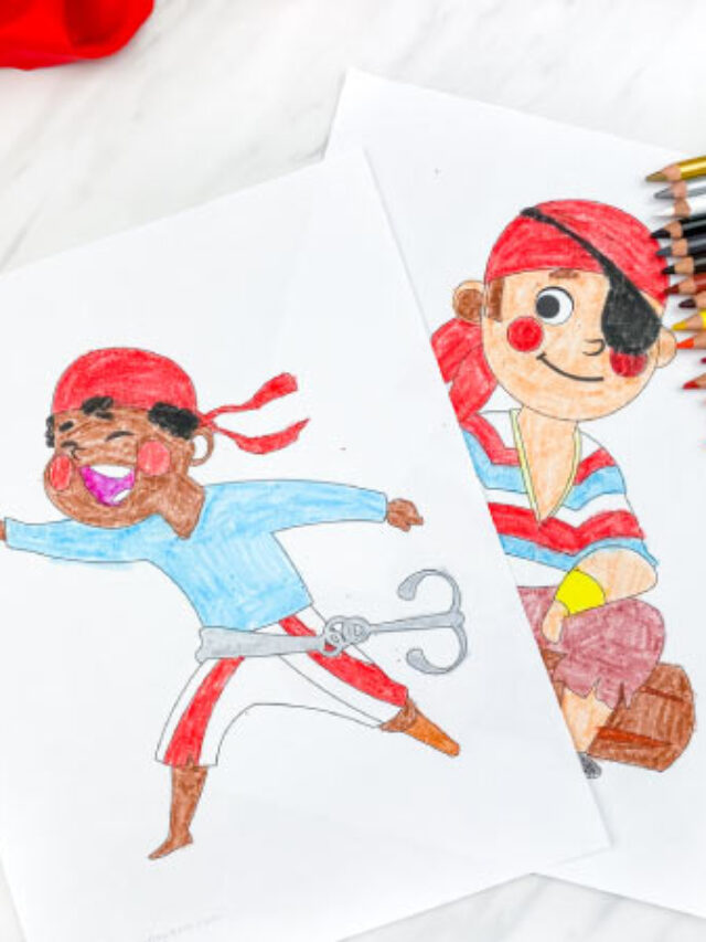 two pirate boy coloring pages with colored pencils