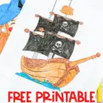 pirate ship coloring page with the words "free printable pirate ship coloring page" on the bottom