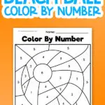 beach ball color by number worksheet uncolored on orange background