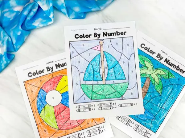 beach ball, sailboat and island color by number worksheets colored in 