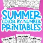 long collage of 6 summer color by number worksheets on pink background
