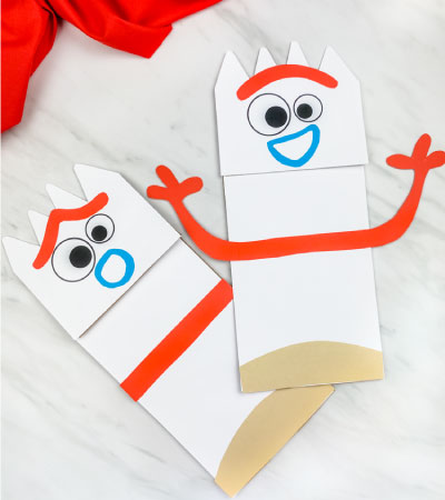 surprised and happy paper bag forky puppet