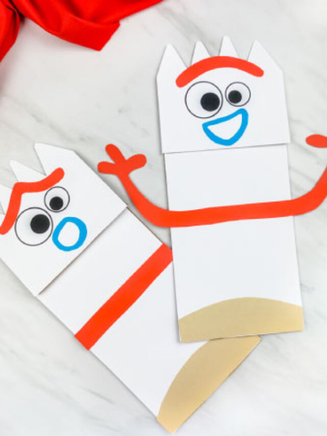 surprised and happy paper bag forky puppet