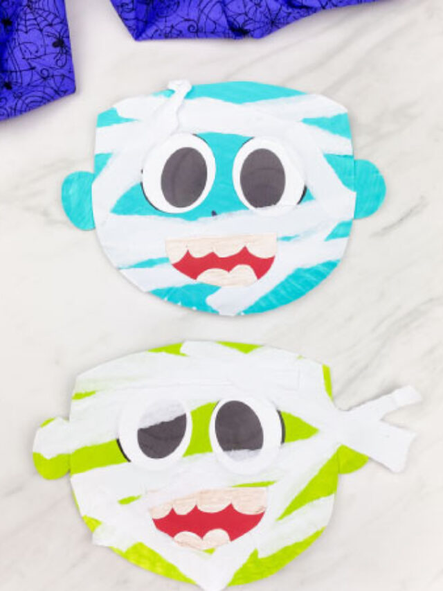 green and blue paper plate mummy craft