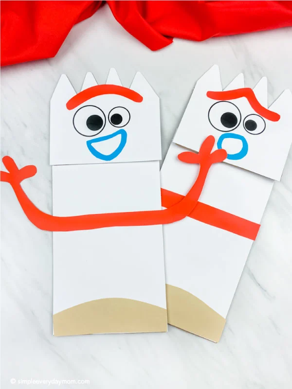 surprised and happy paper bag forky puppet