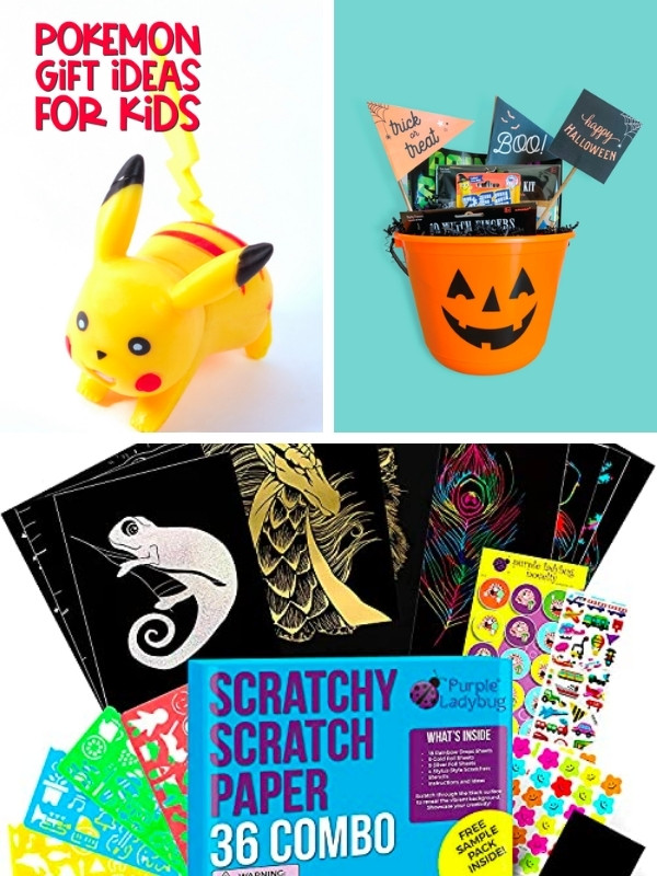 Pokemon Gift ideas for kids, We've been Booed bucket, and scratch paper image collage