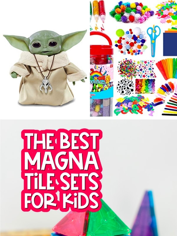 Baby Yoda, crafts supplies and the words "the Best Magna Tile Sets For Kids" image collage