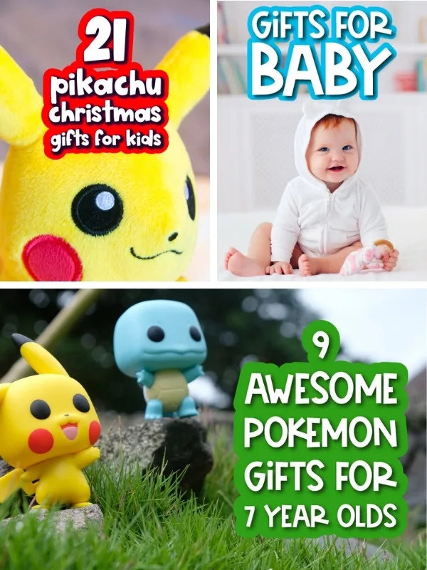 gift image collage with the words, 21 Pikachu Christmas gifts for kids, gifts for baby, and 9 awesome Pokemon gifts for 7 year olds
