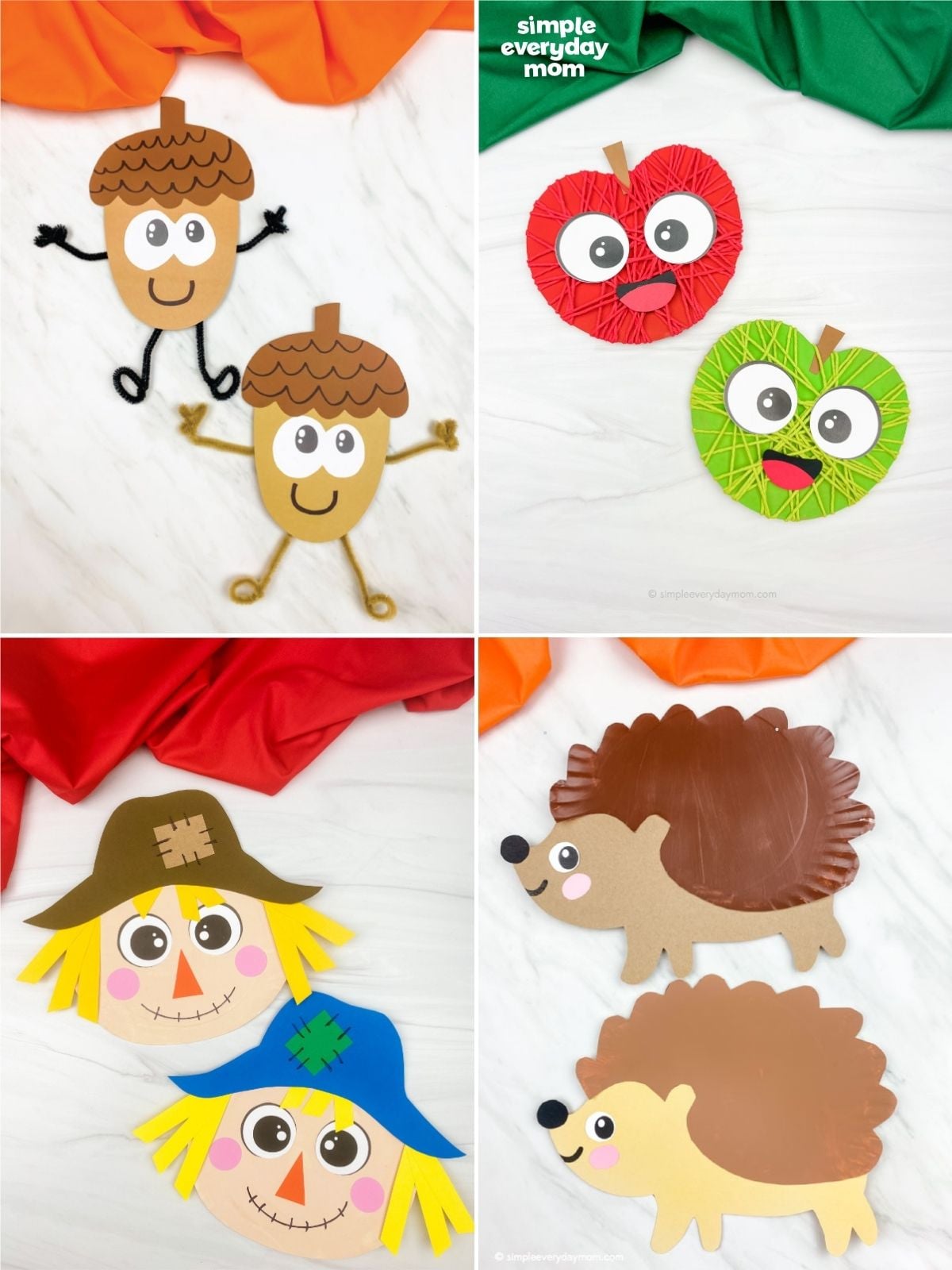 Four fall-themed paper crafts are displayed: smiling acorns, yarn-wrapped apples, paper plate scarecrows, and paper plate hedgehogs.