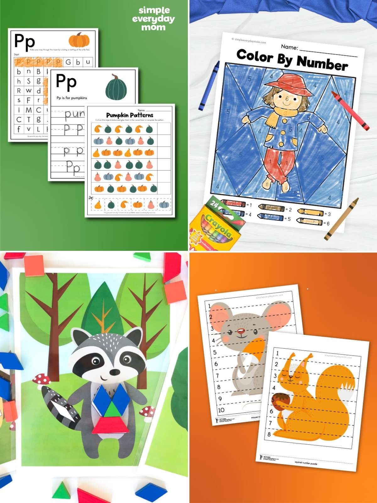 Four educational fall-themed printable activities are displayed in a collage, including pumpkin letter worksheets, a scarecrow color-by-number page, a raccoon shape craft, and numbered cut-and-paste animal puzzles featuring a mouse and squirrel.