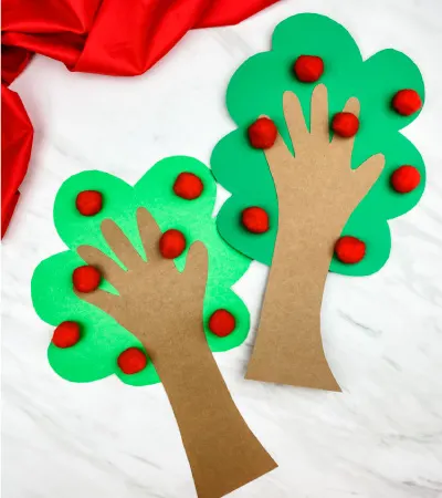 two pom pom and paper apple tree craft