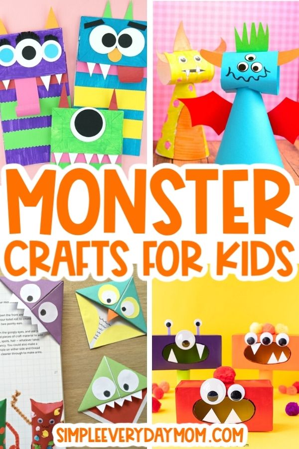 collage of monster craft images with the words monster crafts for kids in the middle