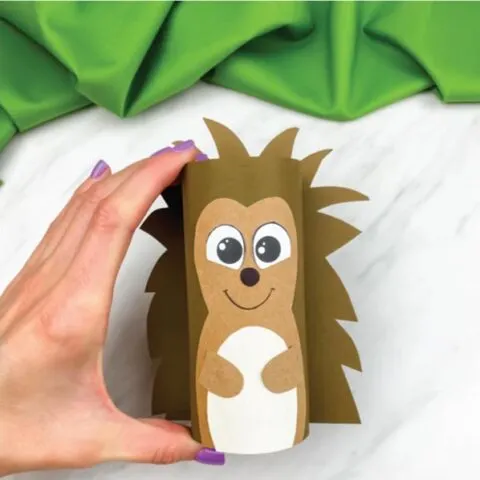 hand holding toilet paper roll hedgehog craft