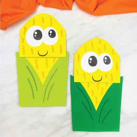 light green and dark green corn puppet craft for kids