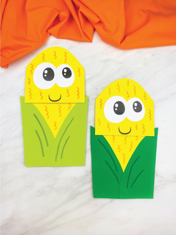 light green and dark green corn puppet craft for kids