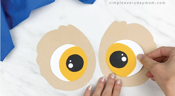 hands gluing eyes to paper plate owl eye outlines