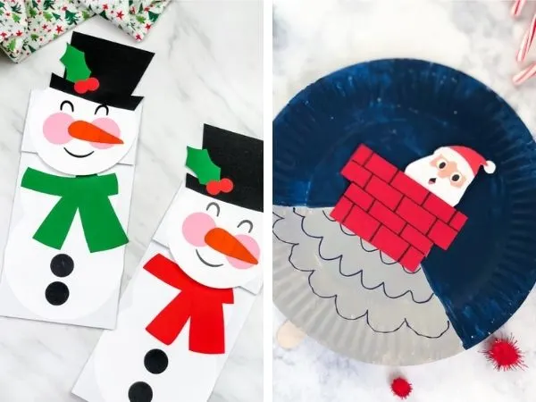 paper bag snowman and paper plate santa craft