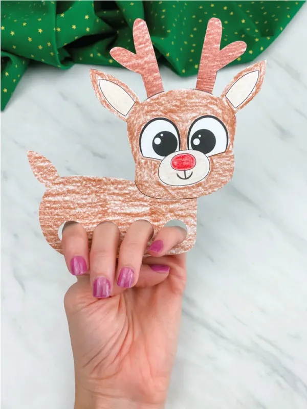 colored in reindeer finger puppet
