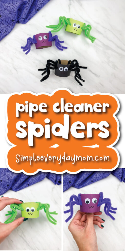 kids craft spider image collage with the word pipe cleaner spiders