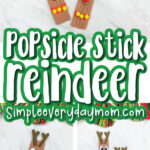 reindeer popsicle stick craft image collage with the words popsicle stick reindeer in the middle