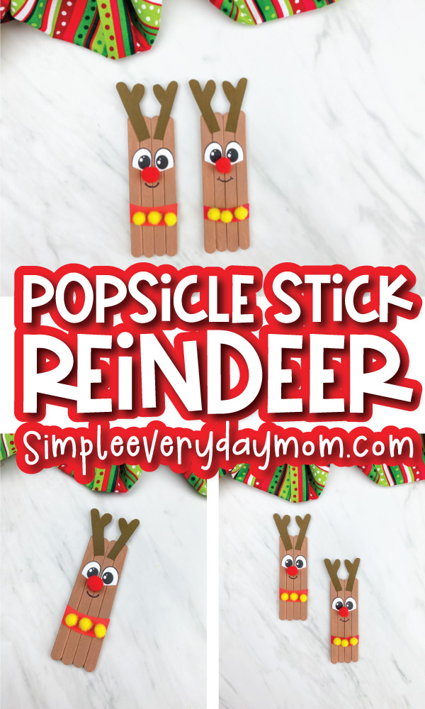 reindeer popsicle stick craft image collage with the words popsicle stick reindeer in the middle 