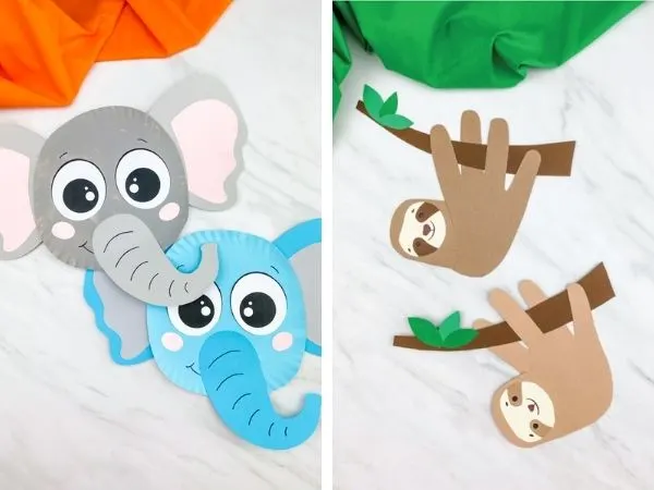 paper plate elephant craft and handprint sloth craft