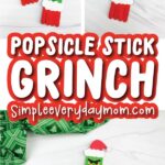 popsicle stick grinch craft image collage with the words popsicle stick grinch in the middle