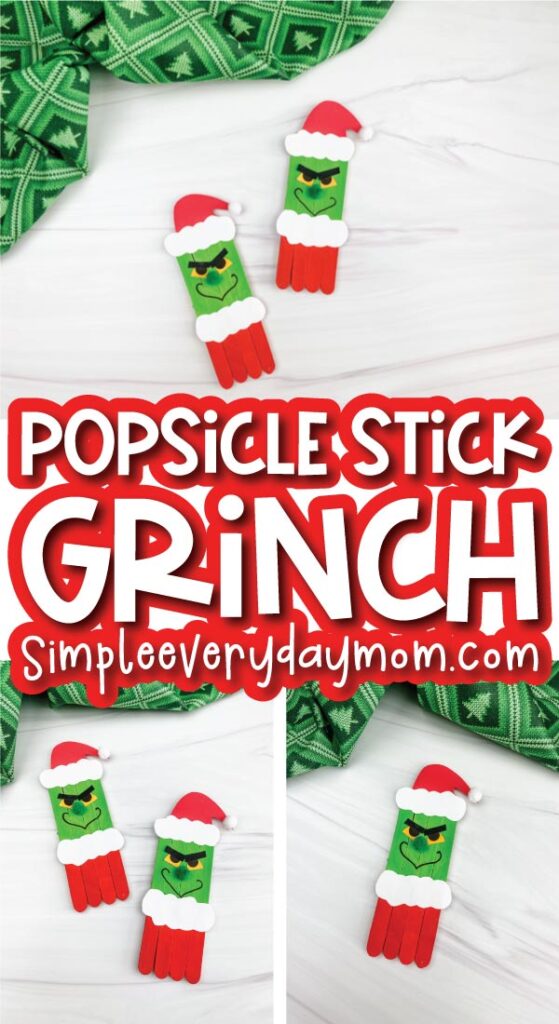 popsicle stick grinch craft image collage with the words popsicle stick grinch in the middle 