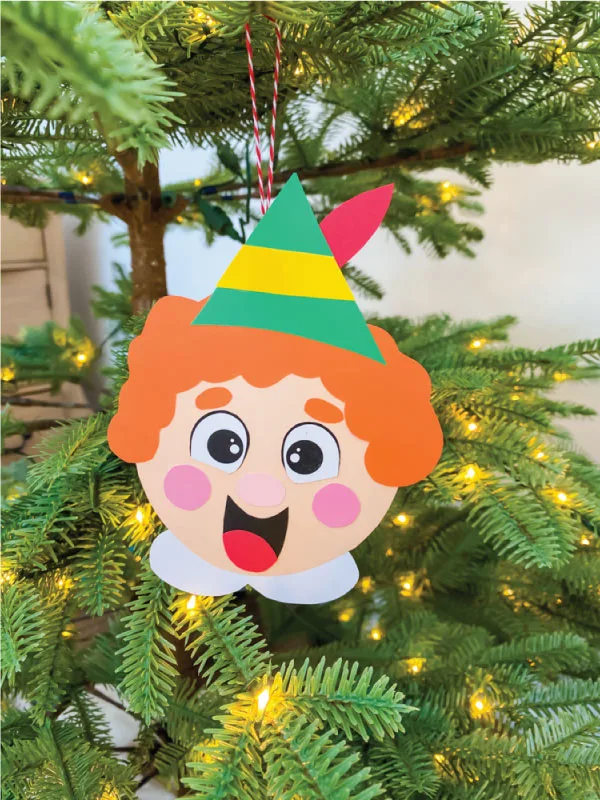 buddy the elf ornament paper craft hanging on christmas tree