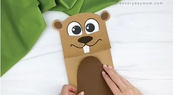 hands gluing belly to paper bag groundhog craft