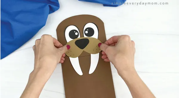 hand gluing mouth, nose, and tusks to paper bag walrus craft