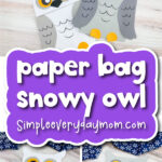 snowy owl craft for kids image collage with the words paper bag snowy owl