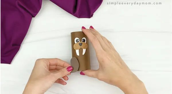 hand gluing flippers onto toilet paper roll walrus craft