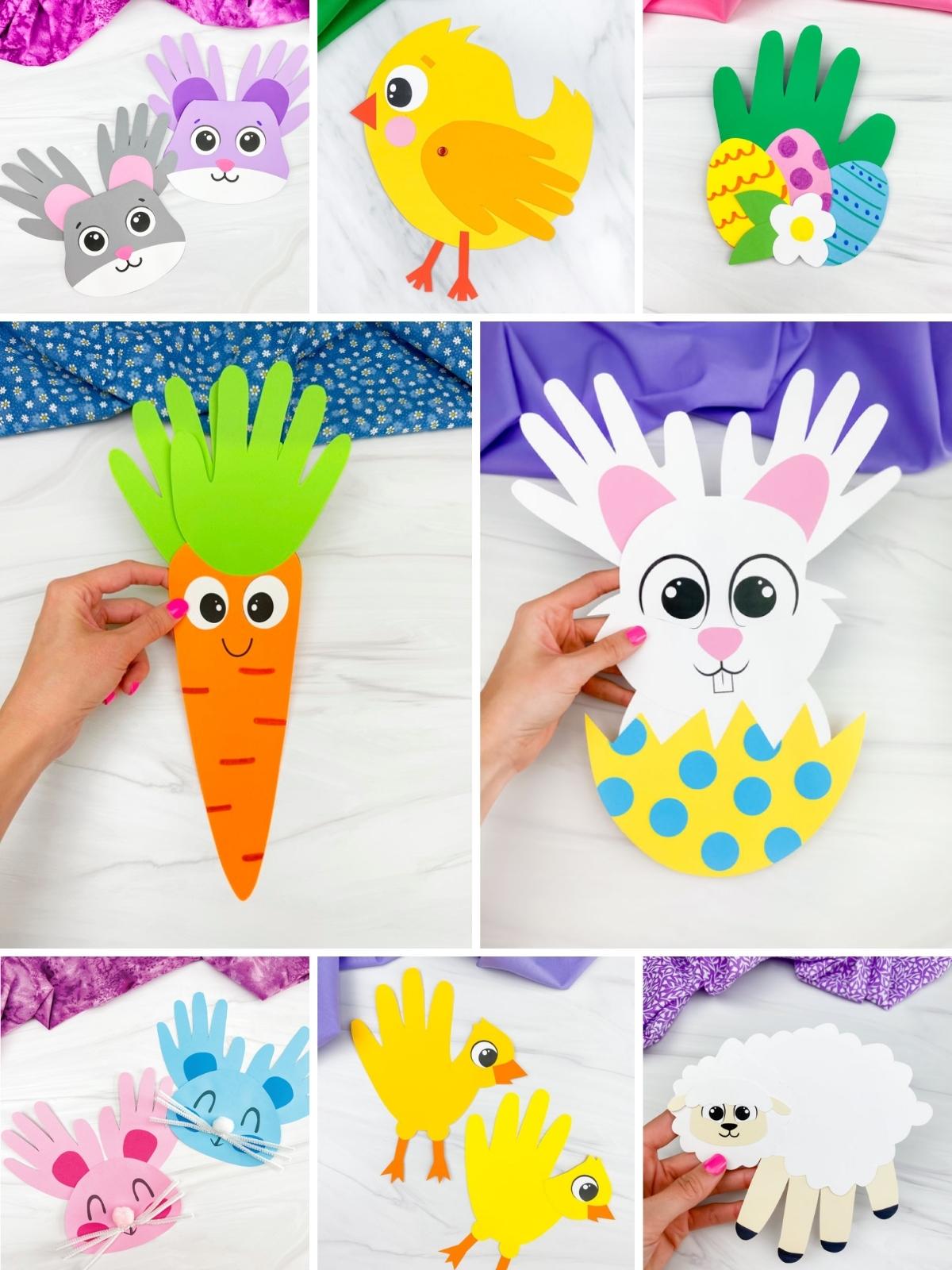 Collage of Easter handprint crafts for kids, including bunnies, chicks, a lamb, a carrot, and decorated eggs made from colorful handprint shapes.