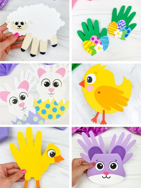 image collage of handprint Easter crafts for kids
