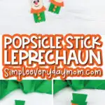 popsicle stick leprechaun craft image collage with the words popsicle stick leprechaun in the middle