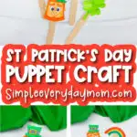St. Patrick's Day popsicle stick puppet image collage with the words St. Patrick's Day puppet craft in the middle