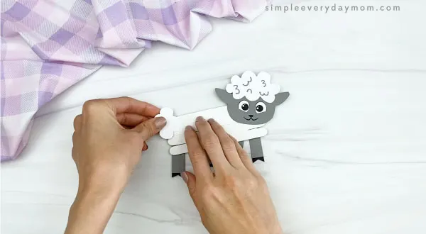 hand gluing tail to popsicle stick sheep craft