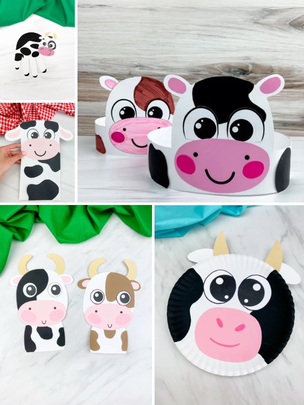 Collage of cow-themed crafts, including a standing paper cow, two paper cow headbands (one black and white, one brown and white), a cow hand puppet, two standing cow cutouts with different colors, and a cow face made from a painted paper plate with large eyes and pink snout.