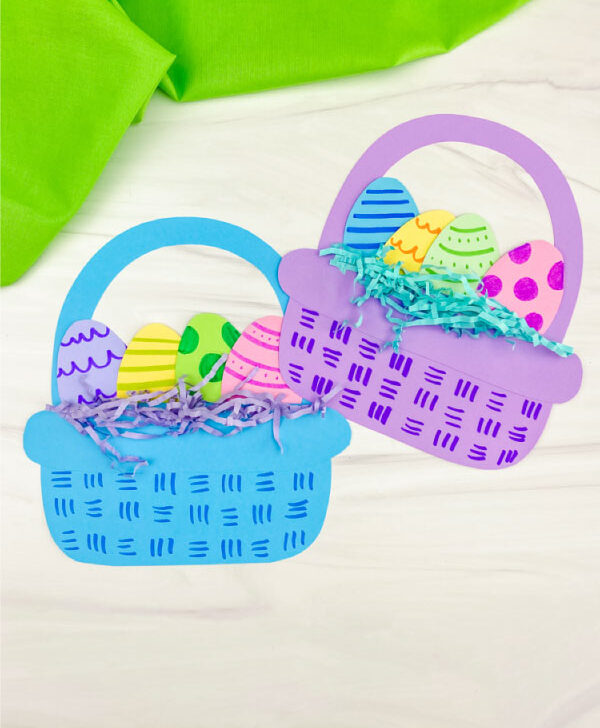 Featured image of two examples of finished paper Easter basket crafts