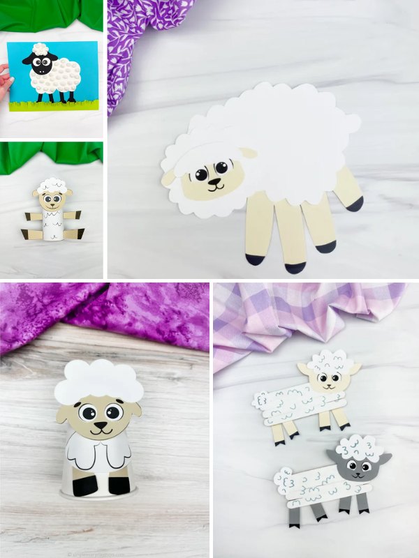 Collage of sheep-themed crafts featuring a cotton ball sheep on blue background, a handprint sheep with scalloped wool, a paper tube sheep, a cup-based sheep craft, and three standing paper sheep in white, cream, and gray. All crafts have cartoon-like faces and simple, kid-friendly designs.