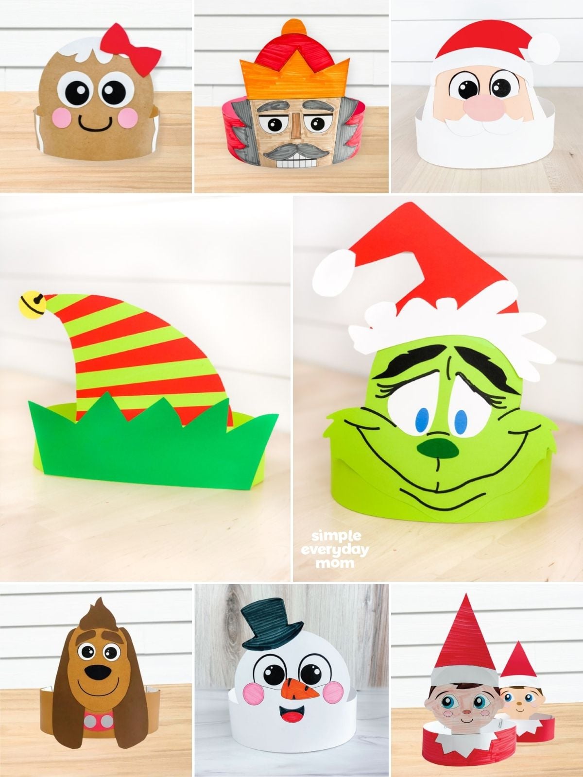 Collage of Christmas paper headbands, including a gingerbread girl, nutcracker, Santa, elf hat, Grinch, dog, snowman, and elves.