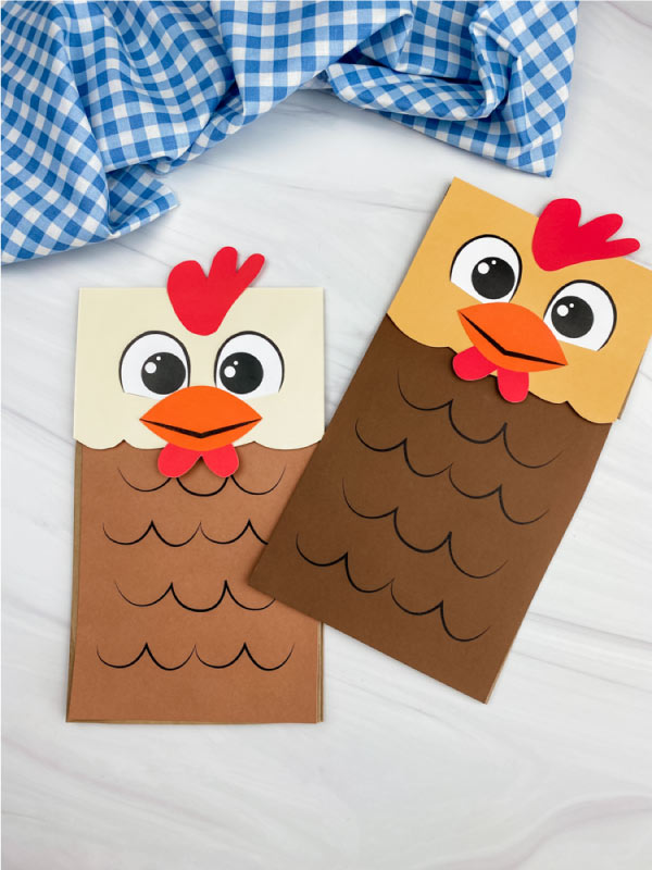 two paper bag chicken crafts