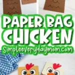 paper bag chicken craft image collage with the words paper bag chicken in the middle