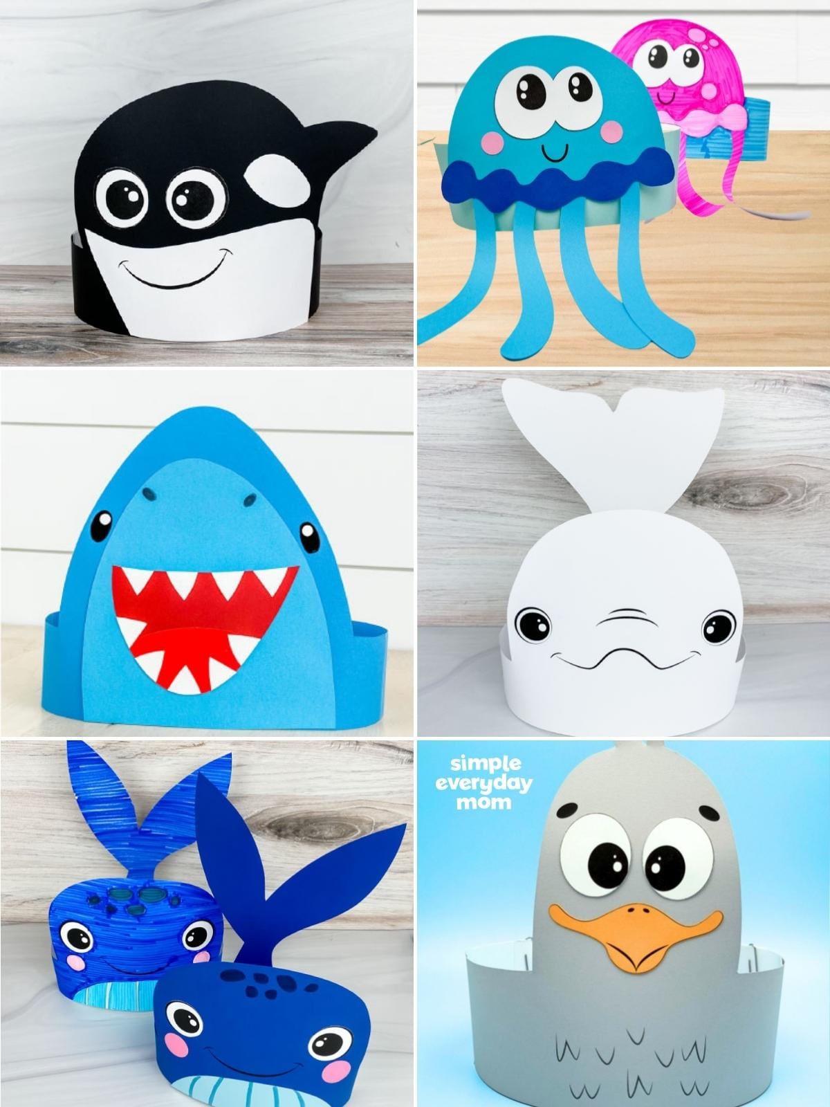 Collage of colorful paper ocean animal headbands, including a whale, jellyfish, shark, beluga, blue whale, and seagull.