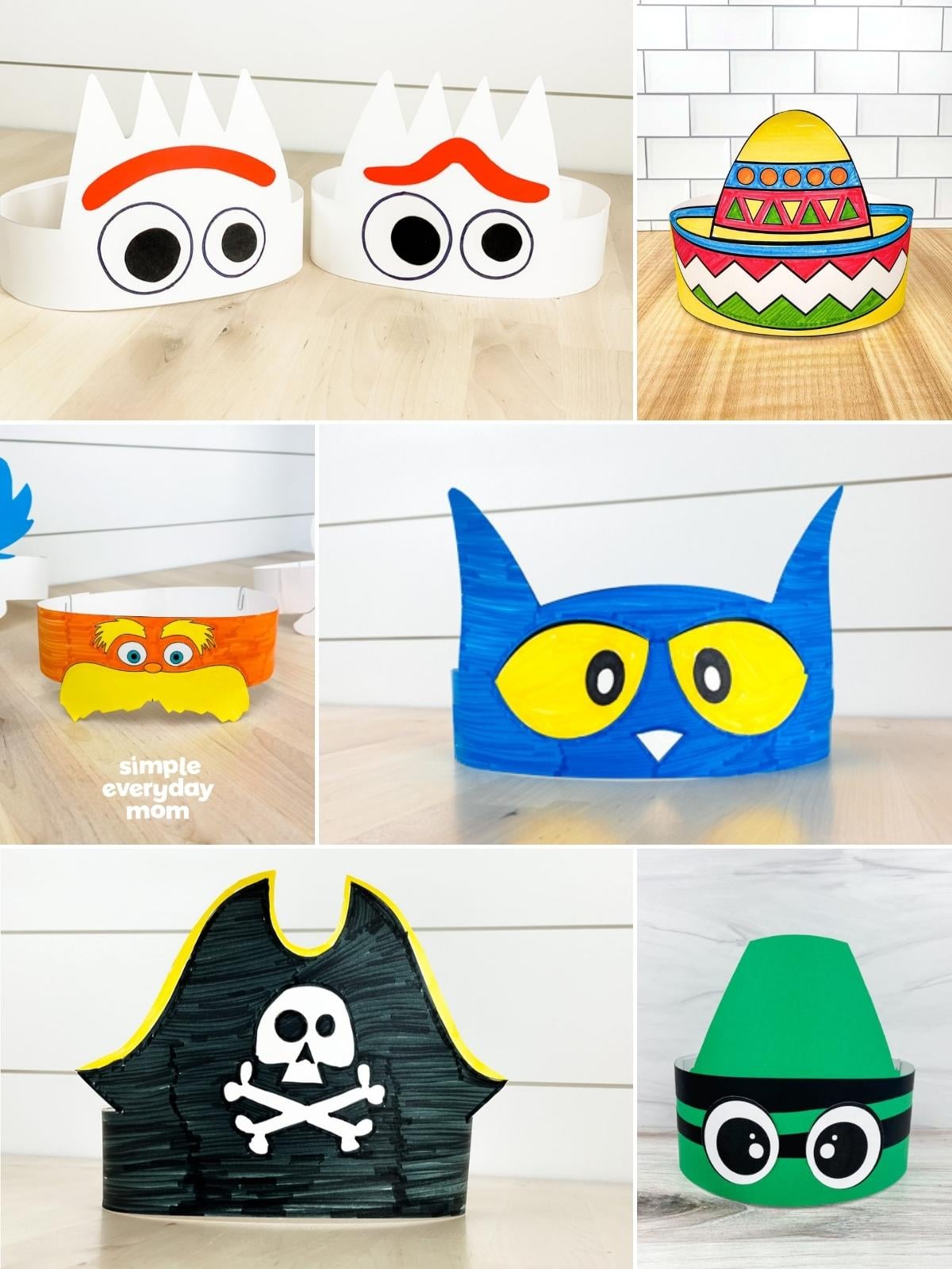 Collage of colorful character-inspired paper headbands, including Forky, a sombrero, the Lorax, Pete the Cat, a pirate hat, and a crayon hat.