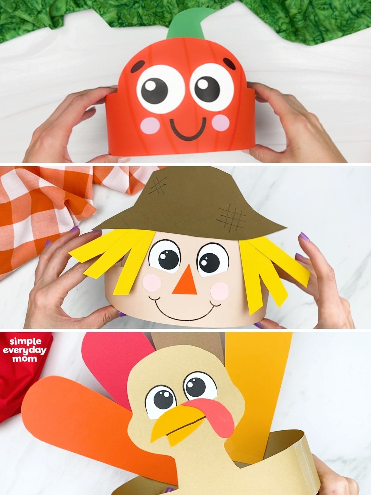 Collage of paper fall-themed headbands featuring a pumpkin, scarecrow, and turkey.