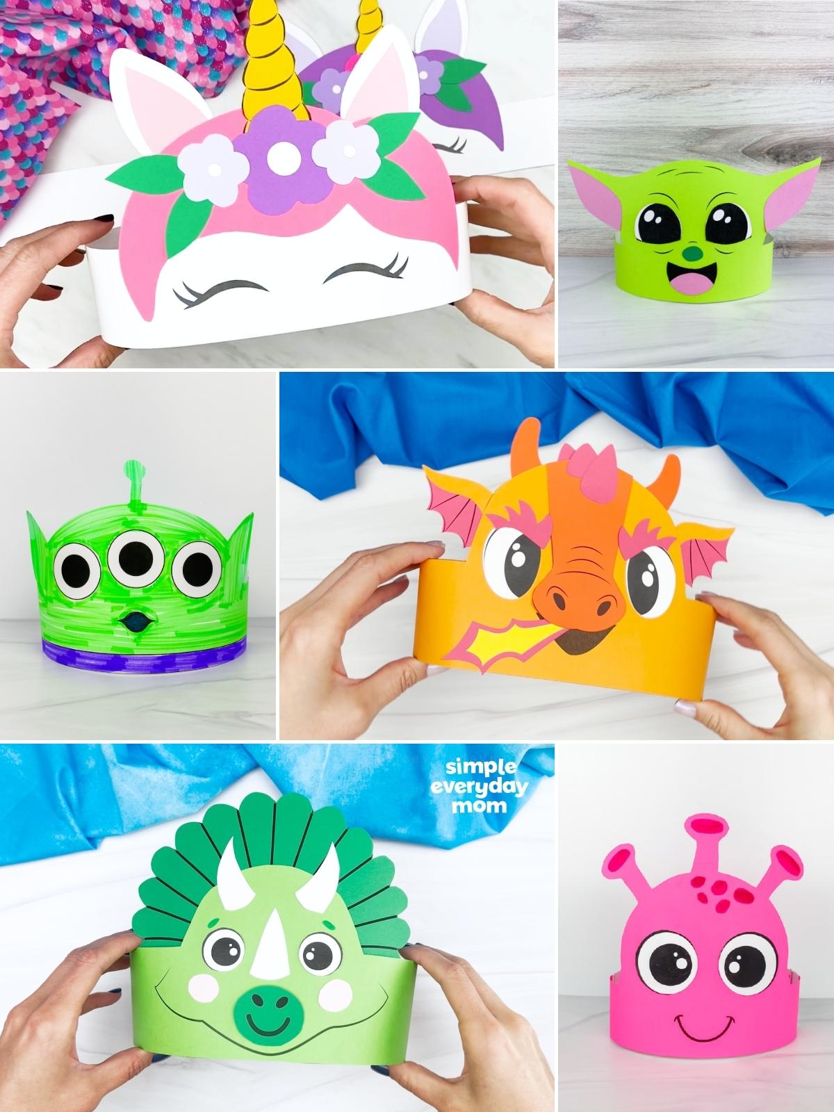 Collage of colorful fantasy paper headbands, including a unicorn, Baby Yoda-inspired character, alien, dragon, dinosaur, and monster.