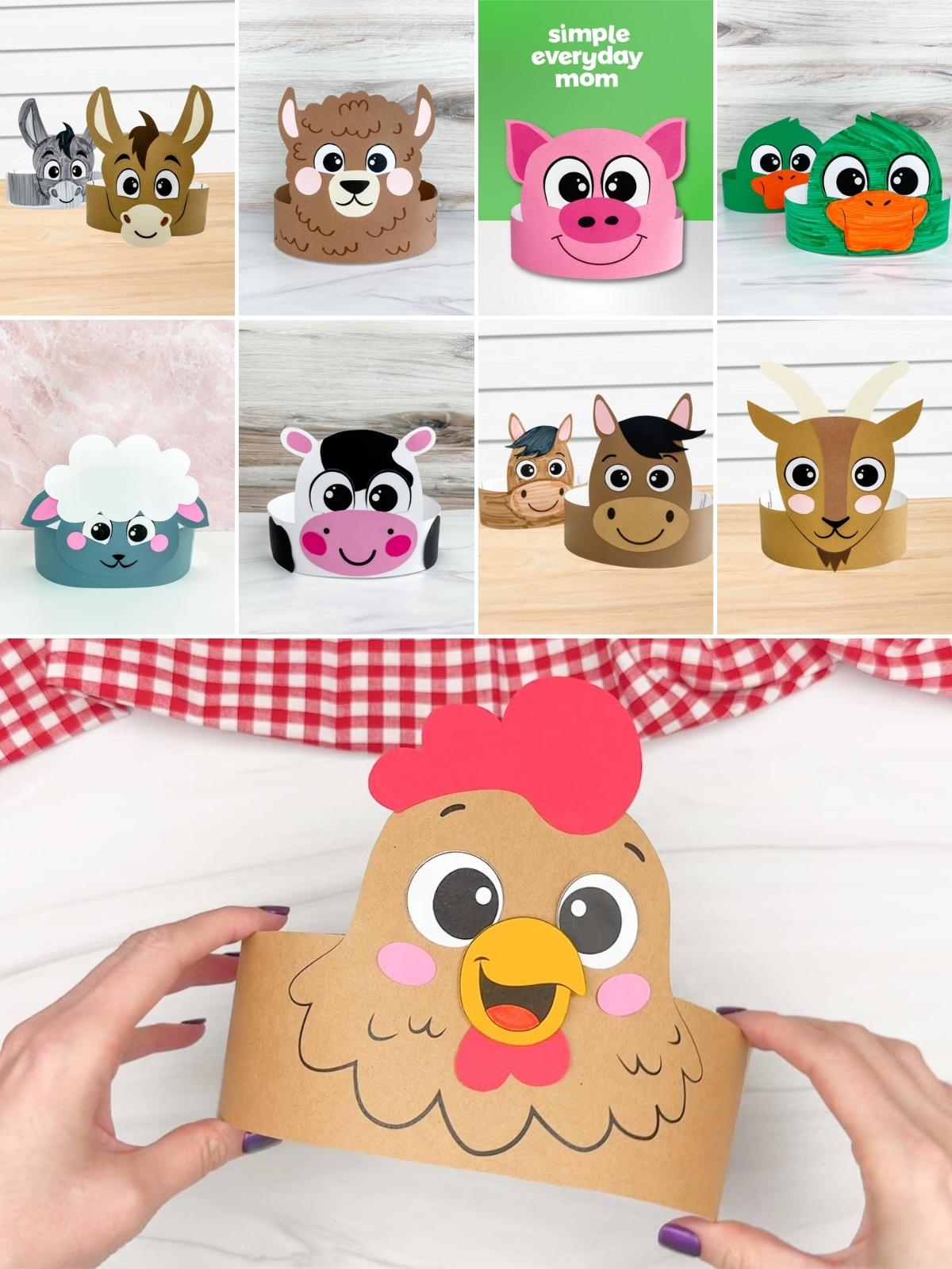 Collage of colorful paper farm animal headbands, with a chicken headband held in the foreground.