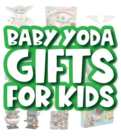 baby yoda gift image collage with the words baby yoda gifts for kids in the middle